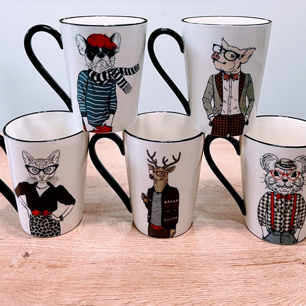 Set of 5 , Signature Housewares Hipster cat coffee mugs, ceramic cat design  holds 16 Oz liquid