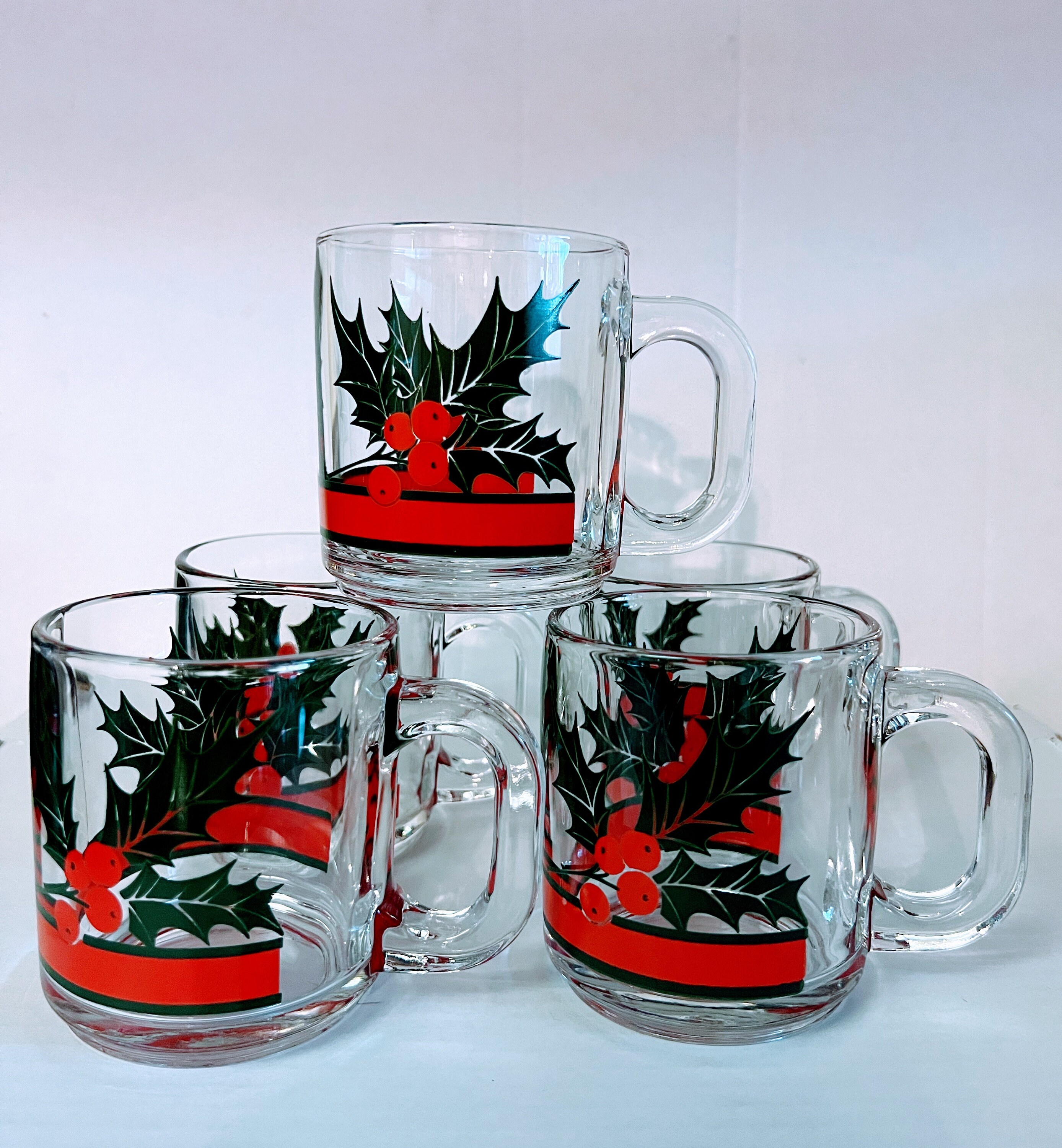 Vintage Holly Berry Clear Glass Christmas Coffee Tea Mugs Cups Set