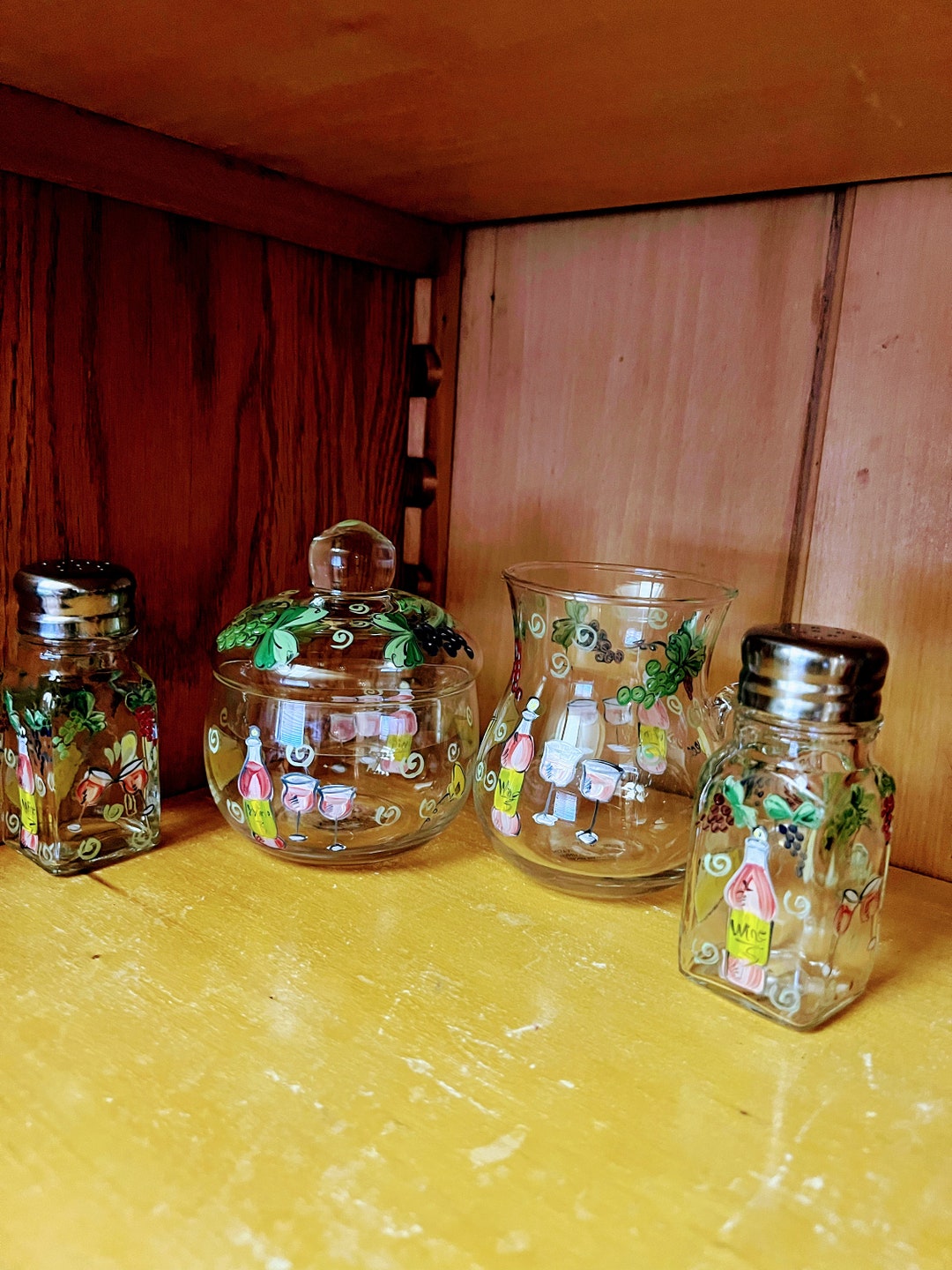 Hand Painted Glass, Sugar Bowl, Creamer, Salt and Pepper Shakers Bottle