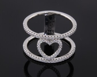 Sterling Silver Open Work Heart Statement Ring with Clear Stones Size 8