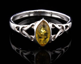 Sterling Silver Amber Ring with Scroll Design Size 8