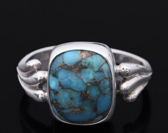 Anillo de cobre y turquesa, plata de ley 925, talla 9.