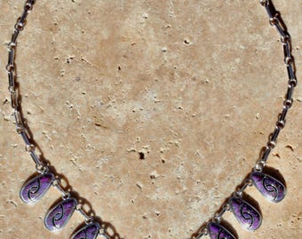 Collar vintage artesanal de plata de ley con turquesa morada – Firmado por MJ