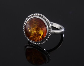Sterling Silver Ring with Baltic Amber Dome Stone Size 7.75