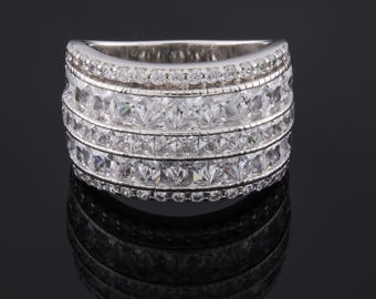 Sterling Silver Multi-Row Clear Stone Band Ring Size 8