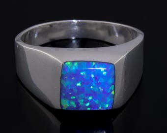 Sterling Silver Signet Ring with lab grown Blue Fire Opal Inlay Size 8 1/2