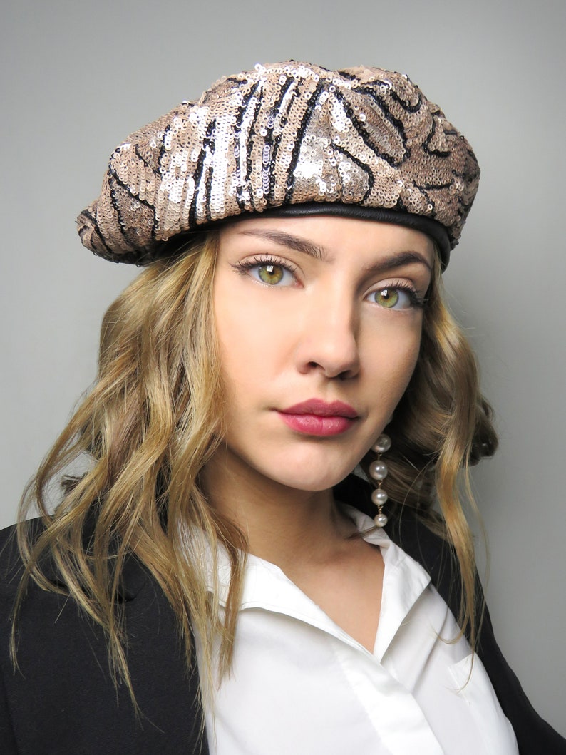 Gold Beret for Women Sequin French Beret Hats Black Gold Etsy