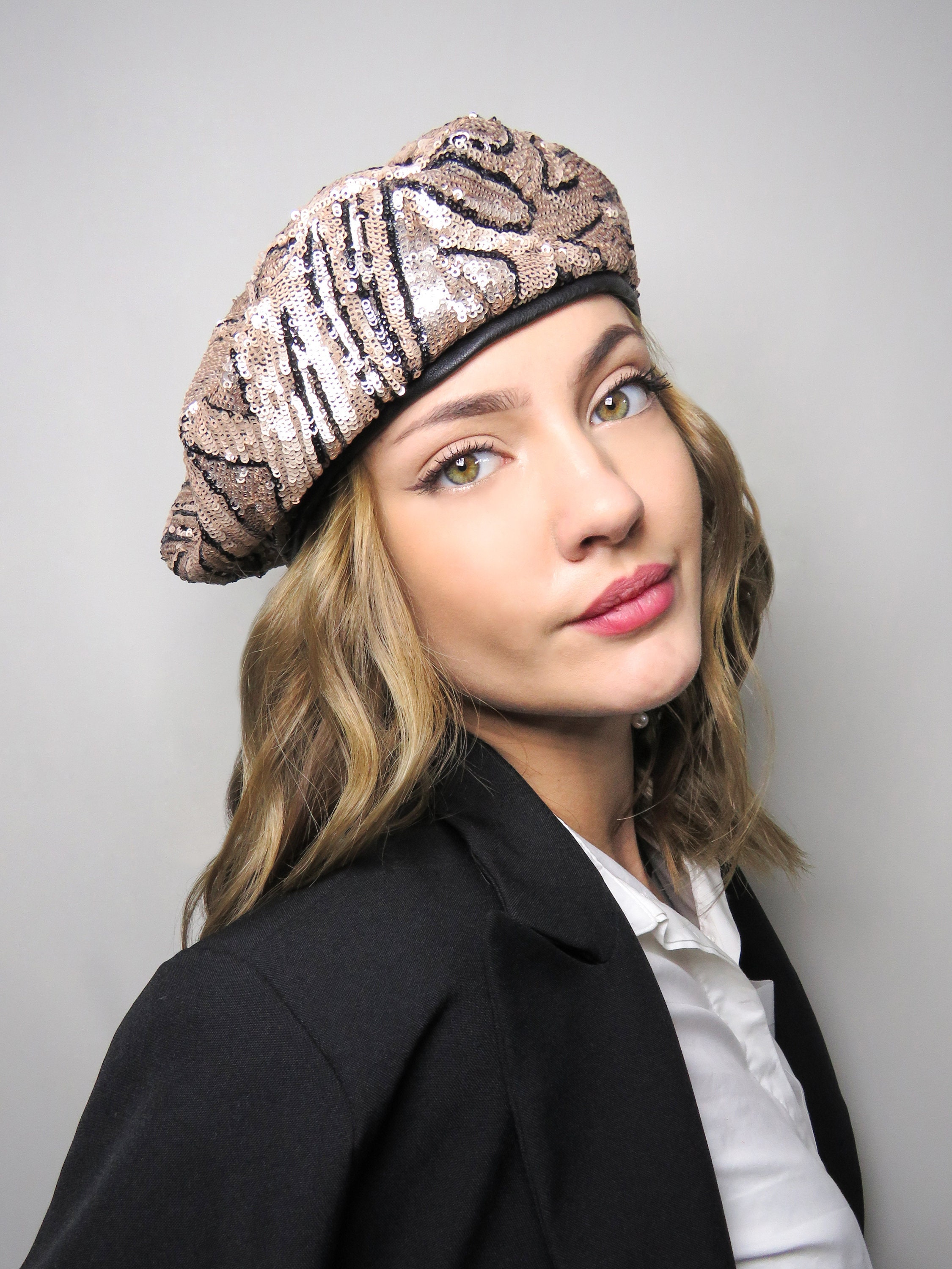 Gold Beret for Women Sequin French Beret Hats Black Gold Etsy