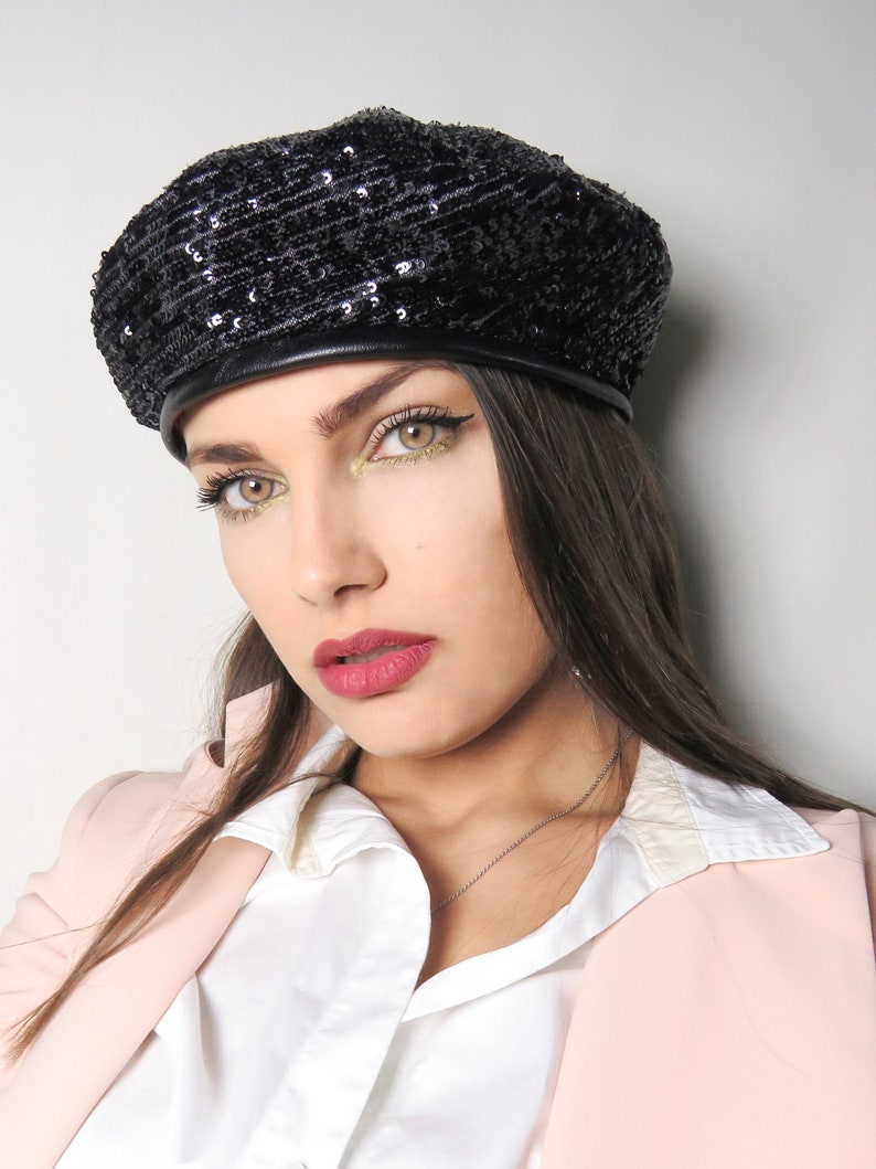 Beret for Women / Leather Beret Hats / Black Silver Sequin Etsy