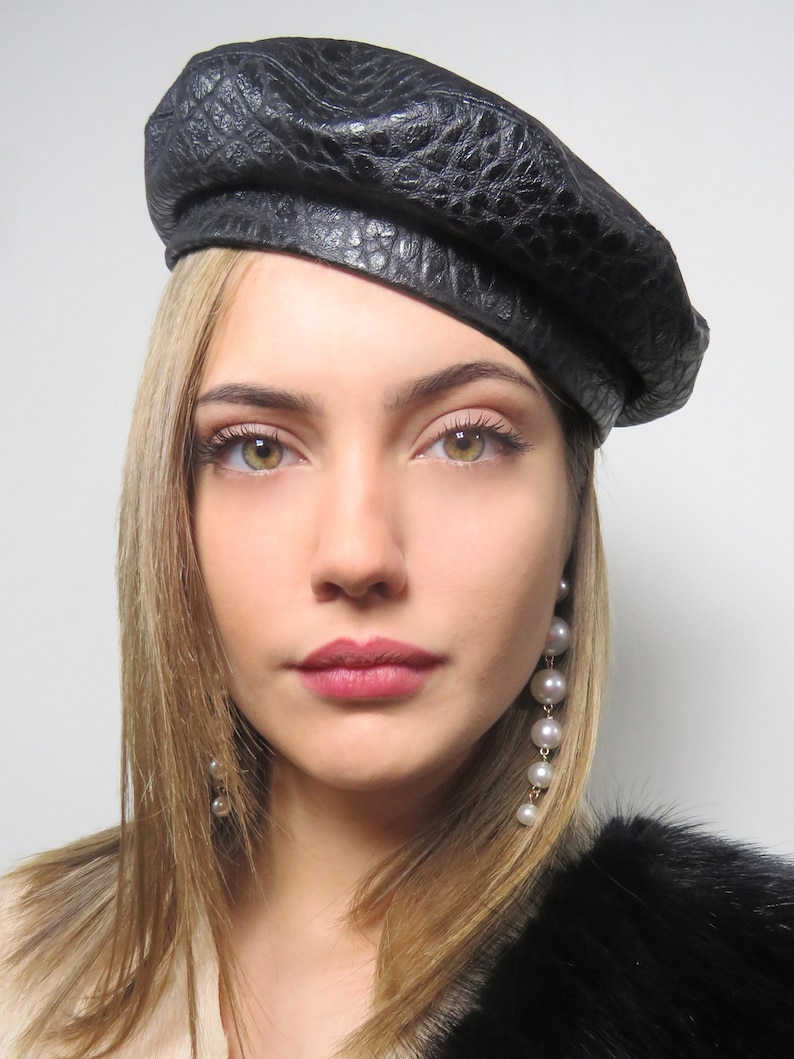 black beret with leather trim