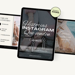 Peut inclure: Une couverture de produit numérique avec une femme portant des talons rayés noir et blanc. La couverture est intitulée "Historias Instagram Que Venden" avec le texte "CON MRR & PLR" et "TODO LO QUE NECESITAS PARA HACER MARKETING DIGITAL SIN MOSTRAR TU ROSTRO".