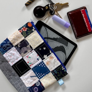 May include: A patchwork quilted pouch with a blue zip, keys, a wallet, and an e-reader. The pouch features squares of various floral and patterned fabrics in shades of blue, white, and navy. A small, light purple lip balm is also visible.