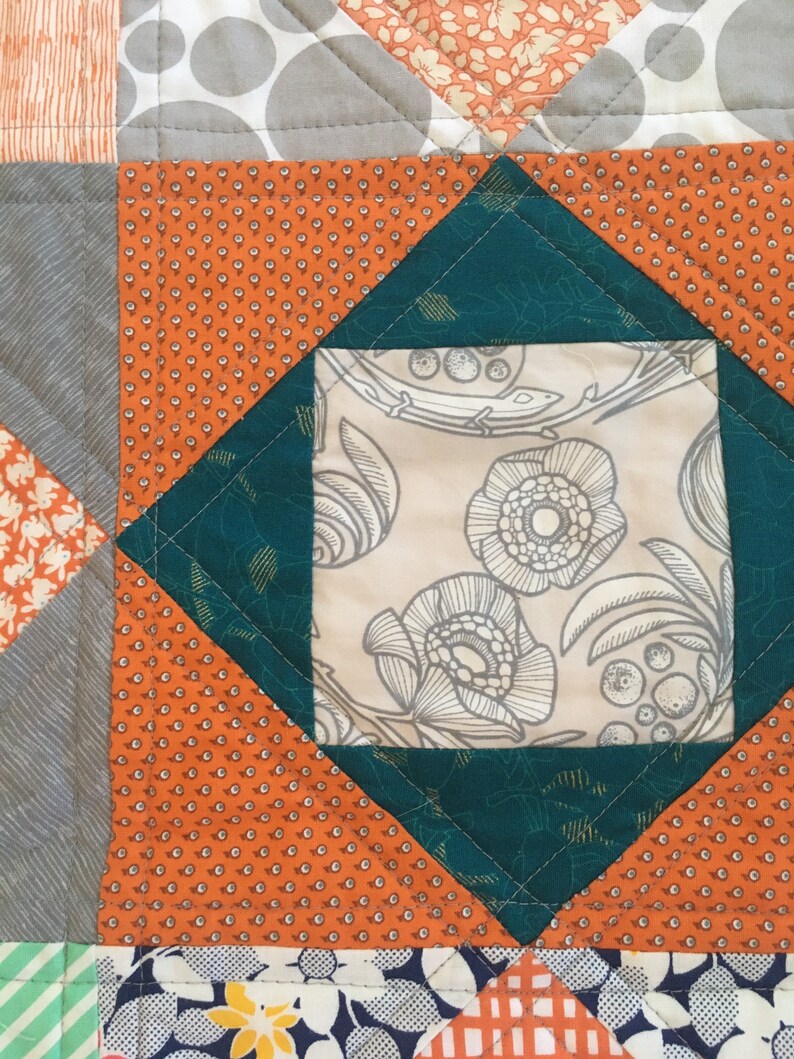 Eye spy quilt in green orange blue and grey baby or lap patchwork image 6