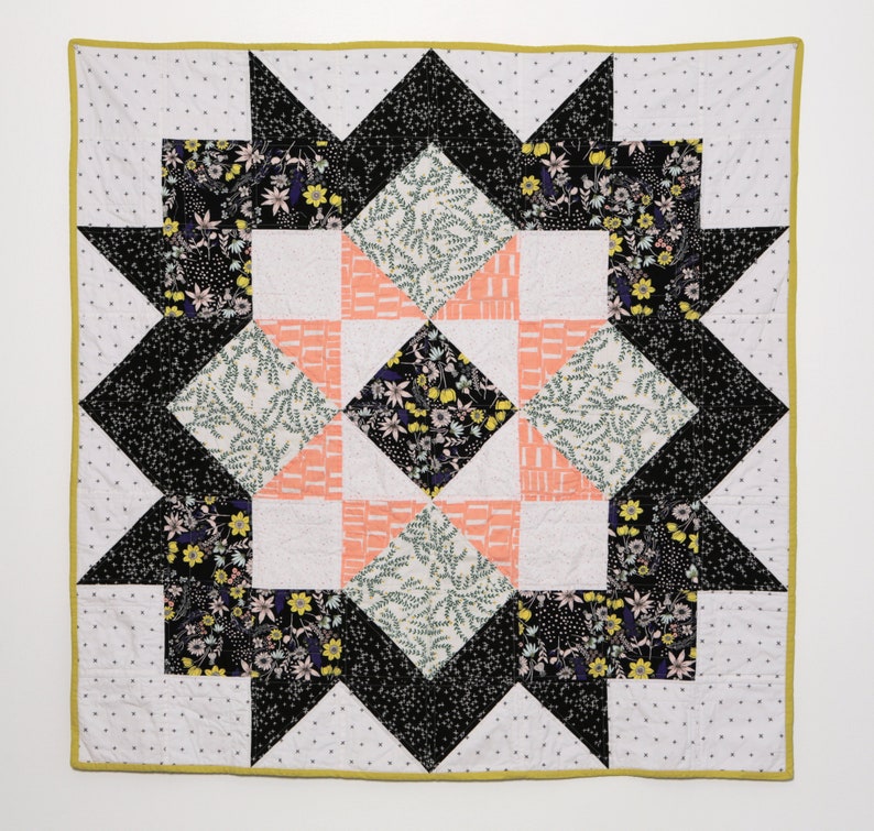 Black, white and floral starry baby or lap quilt image 1