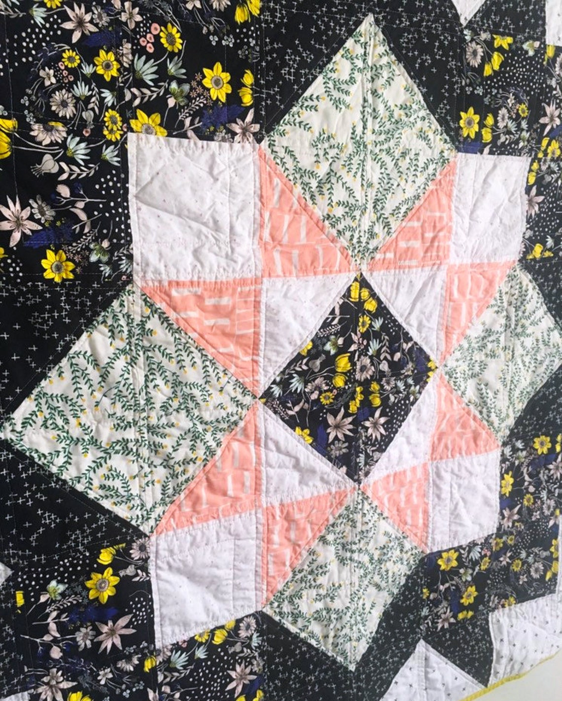 Black, White and Floral Starry Baby or Lap Quilt - Etsy