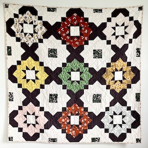 Floral, brown and white starry quilt handmade patchwork throw