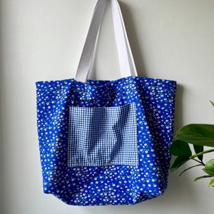 Bright blue floral and gingham Tote shopping bag