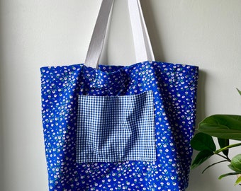 Bright blue floral and gingham Tote shopping bag