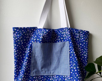 Bright blue floral and gingham Tote shopping bag