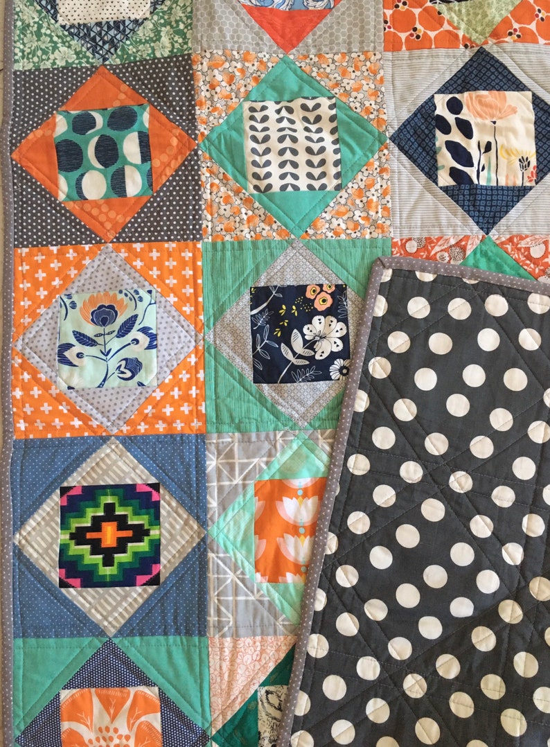 Eye spy quilt in green orange blue and grey baby or lap patchwork image 8