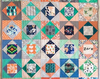 Eye spy quilt in green orange blue and grey baby or lap patchwork