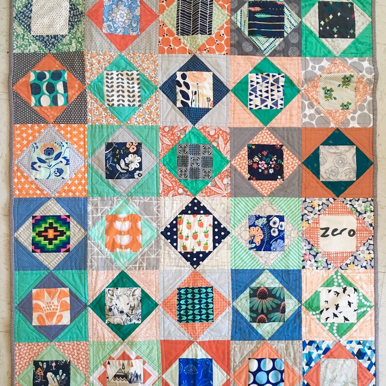Eye spy quilt in green orange blue and grey baby or lap patchwork image 1