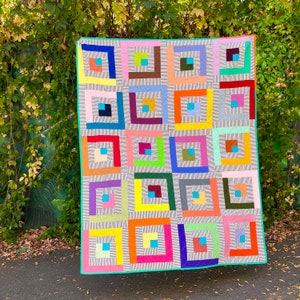 Colourful stripey log cabin quilt handmade patchwork throw or twin