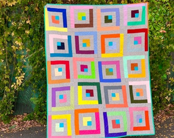 Colourful stripey log cabin quilt handmade patchwork throw or twin