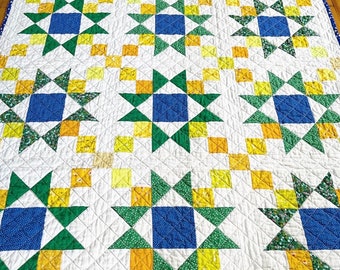 Bright cheerful springtime starry handmade patchwork quilt