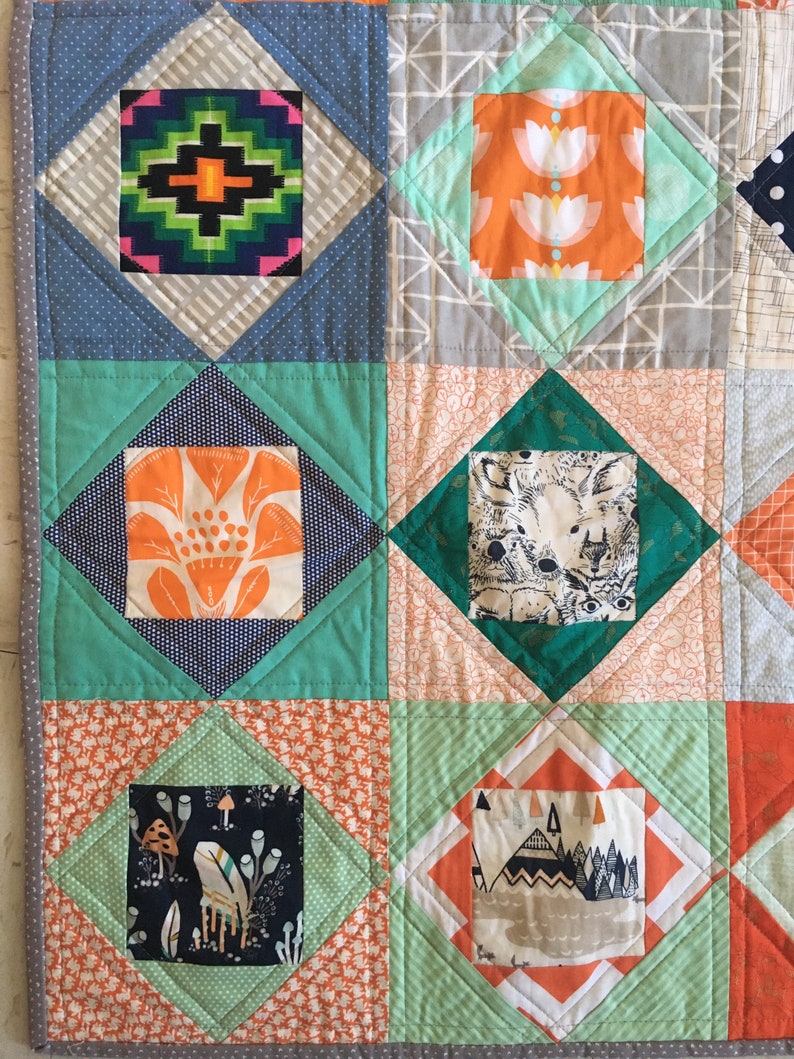 Eye spy quilt in green orange blue and grey baby or lap patchwork image 3