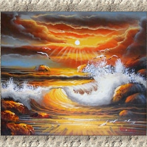 Santorini, Greece Original Oil Painting on Stretched Canvas Frame. Handmade Seascape Ocean - Greek Island Seascape Oil Painting