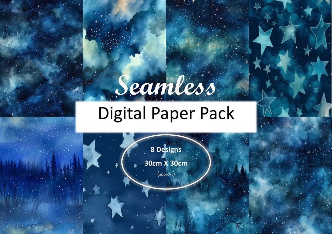 Digital Paper - Starry Night Sky, Blue Watercolour - Etsy