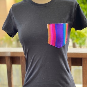 Black t-shirt with accent pocket, cambaya pocket shirt, cotton tee with colorful pocket, Mexican t-shirt with handmade pocket