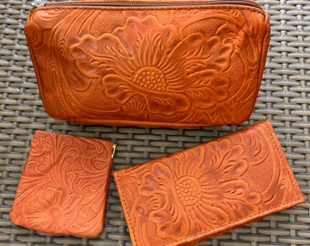 Hand tooled leather wallet, makeup bag and coin purse