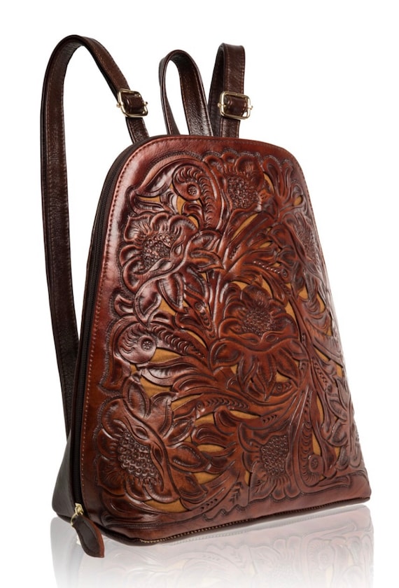 Leather Backpack, Handmade Tooled Backpack, Black Backpack  display picture 1