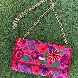 Floral leather embroidered chain crossbody pink bag, floral bag, pink leather bag
