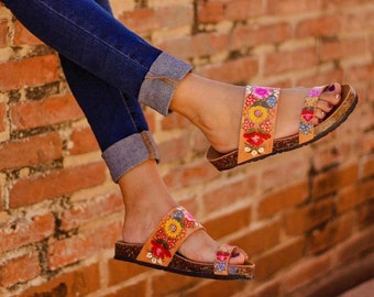 Handmade Leather Floral Sandals, Mexican Slip Ons