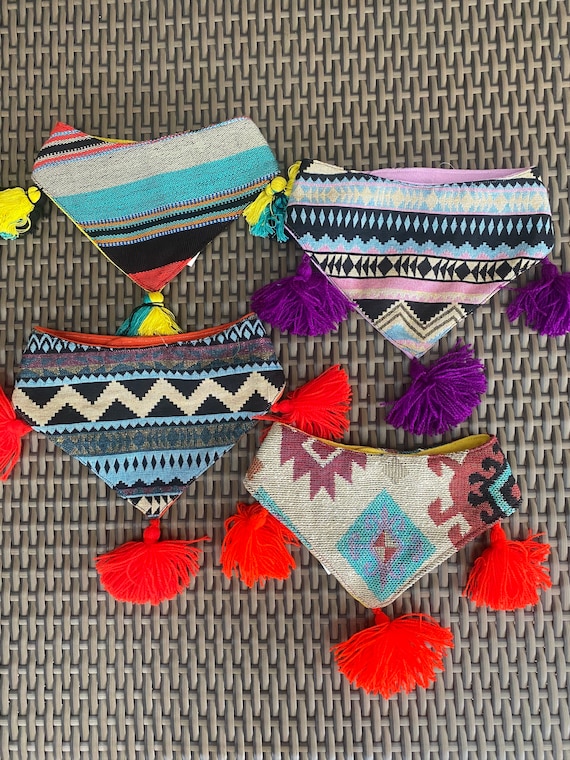 Dog bandanas, dog accessories, sarape bandanas, striped colorful pet bandana, tribal bandana, Pom Pom bandana, dog scarf, snap bandana, camo