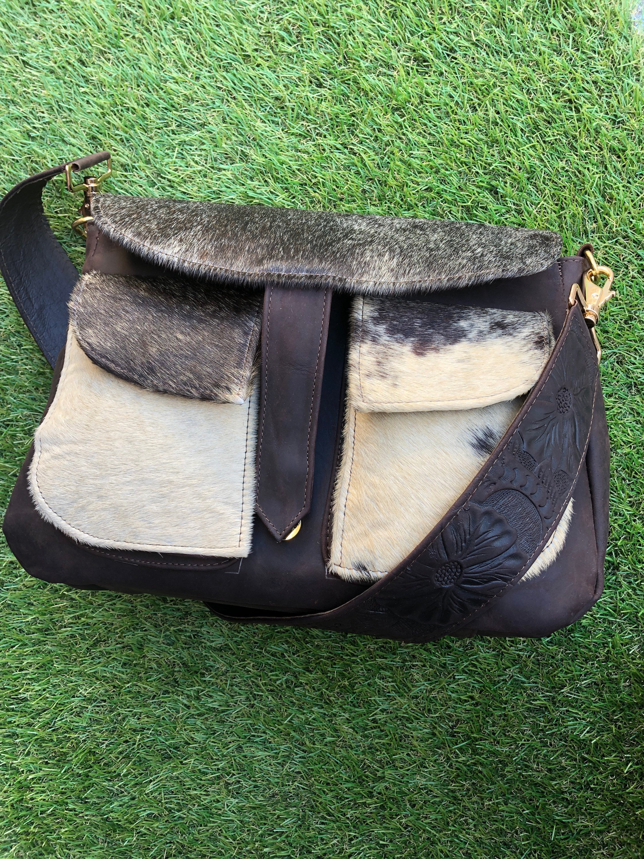 Cow Skin Leather Crossbody Bag Tooled Leather Strap Brown Etsy