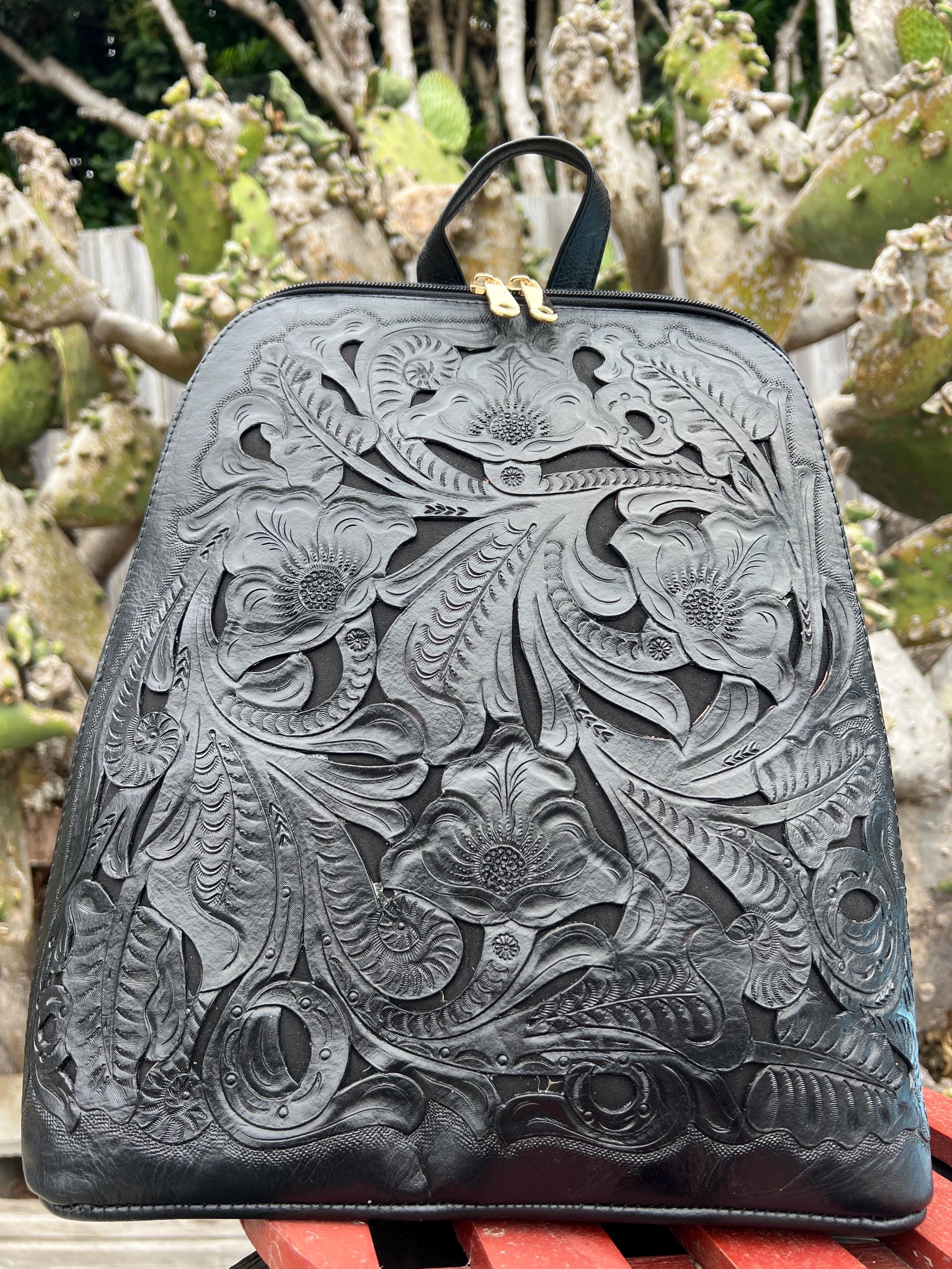 Leather Backpack, Handmade Tooled Backpack, Black Backpack  display picture 1