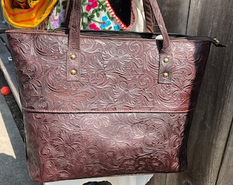 Sac fourre-tout en cuir repoussé à la main, sac à main bleu pour tous les jours