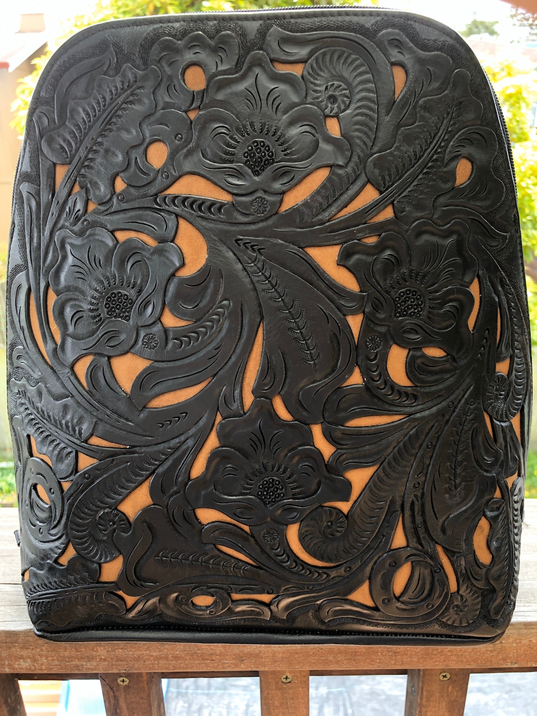 Leather Backpack, Handmade Tooled Backpack, Black Backpack  display picture 3