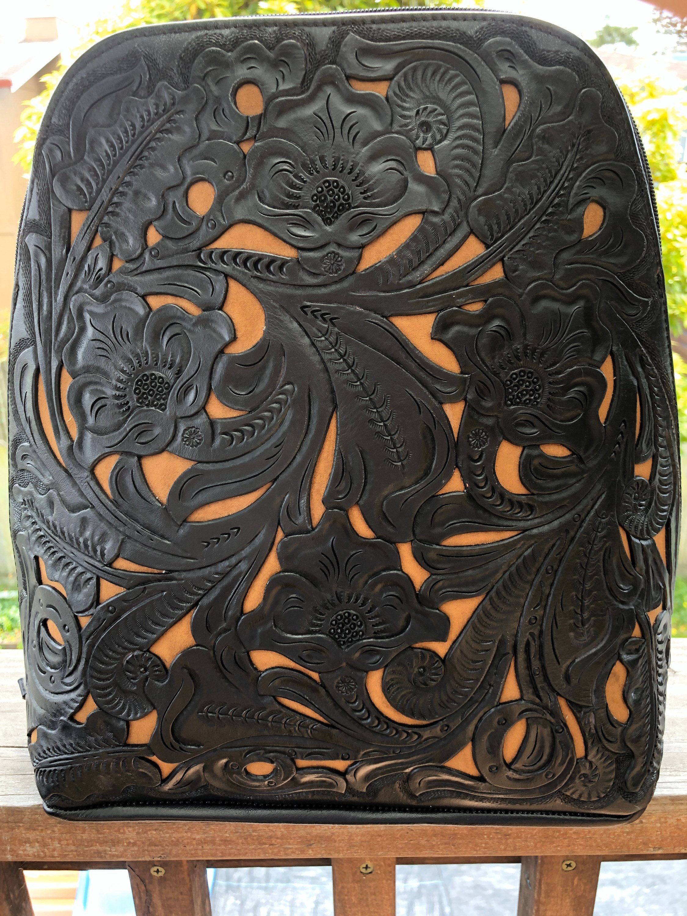 Handcrafted Floral Tooled Leather Backpack - Black Trim, Multicolor The Sedona Tooled Leather Backpack main image 4