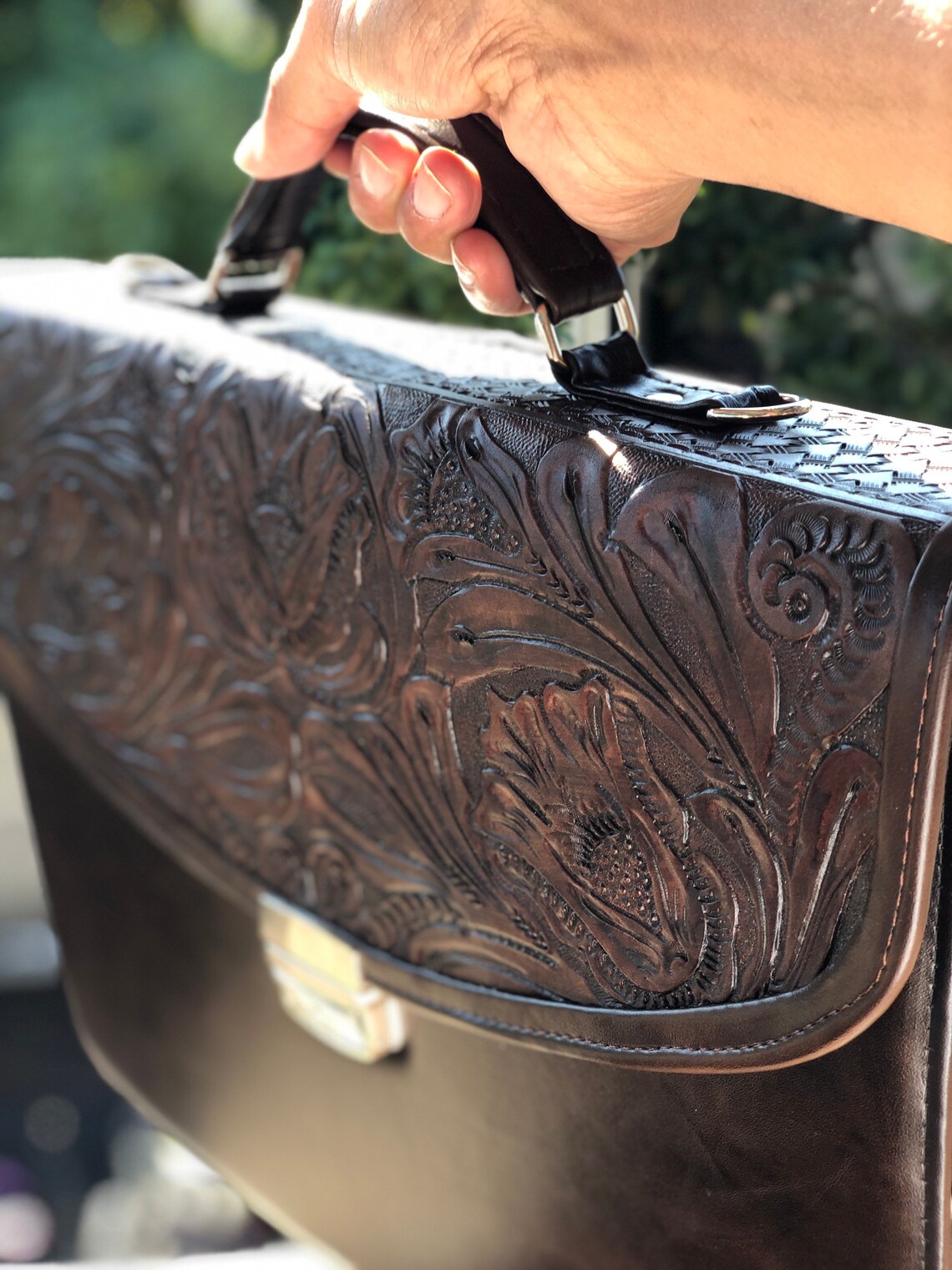 Hand tooled leather portfolio briefcase with key portfolio Etsy