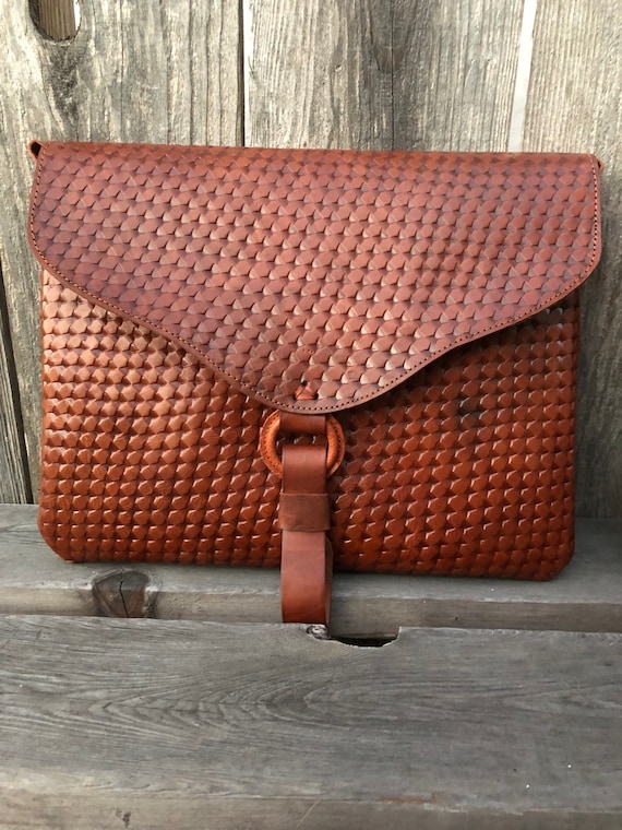 Handmade Leather Crossbody Laptop Bag, Brown Embossed Shoulder Bag