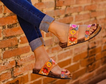 Handmade Floral Painted Leather Sandals, Mexican Style Slip-ons