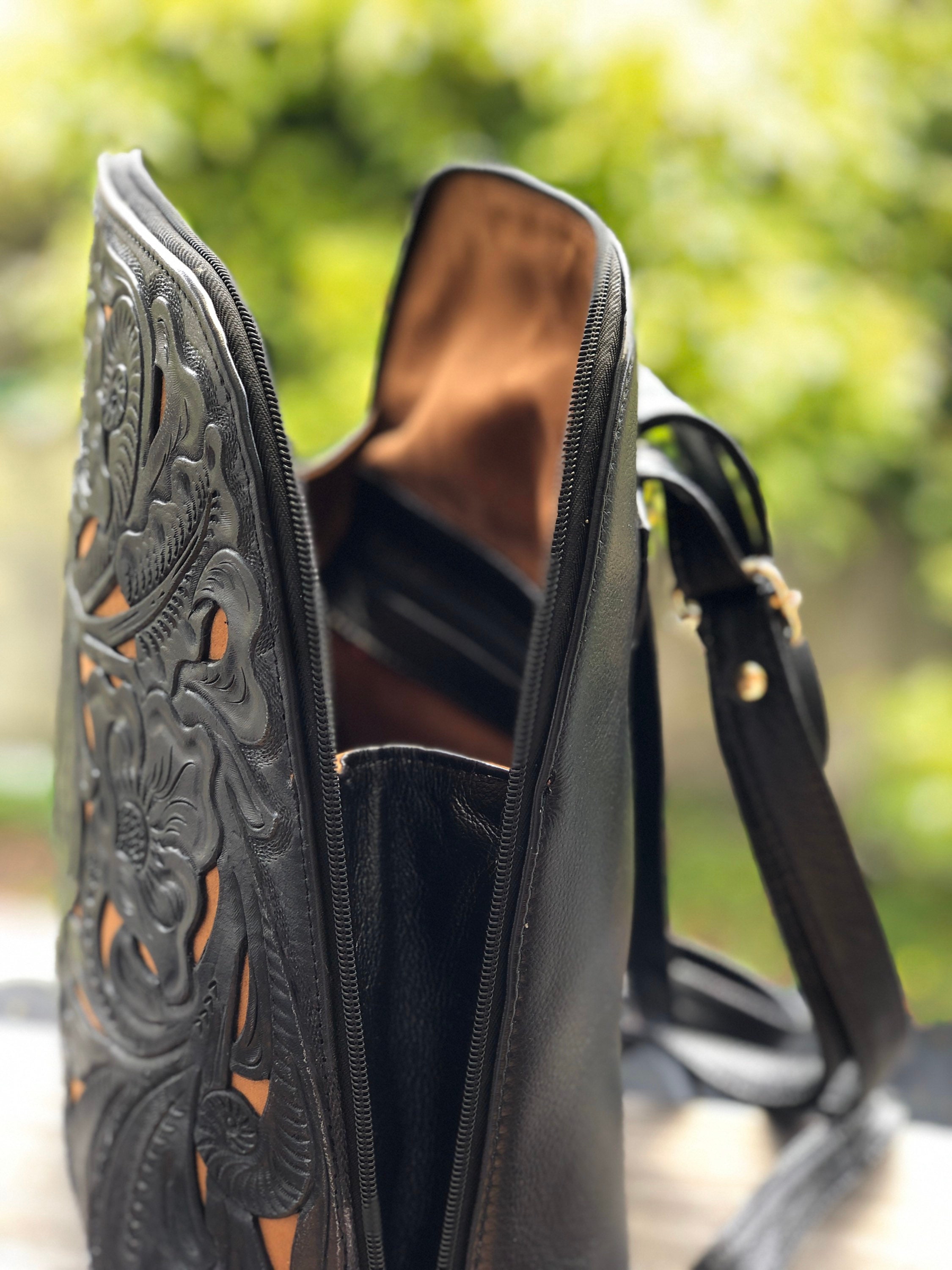 Black handmade tooled leather backpack. One of a kind. Leather Backpack, Handmade Tooled Backpack, Black Backpack  main image 2