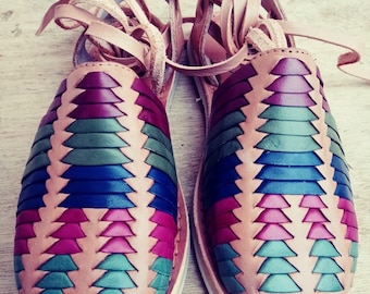 Handmade Leather Huaraches, Colorful Mexican Flats, Lace Up Sandals