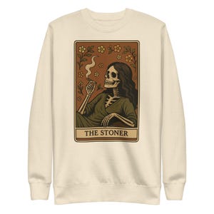 Sudadera con diseño de esqueleto fumando marihuana, estilo tarot, con esqueleto femenino fumador, arte cannábico, vintage, retro, ocultismo, con gráfico de marihuana.