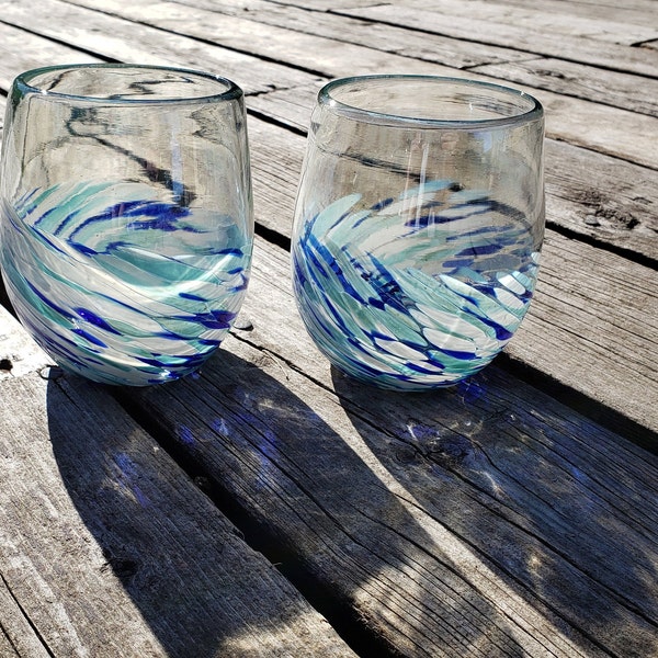 SET OF 2 Blown stemless wine glasses "Blues in Murano style...just half way"